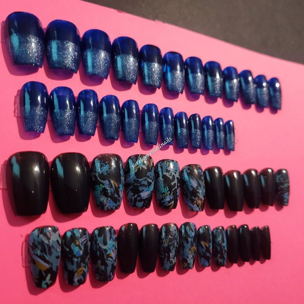 2 Set Short Coffin Blue Shimmer and Black Abstract Press on Nails